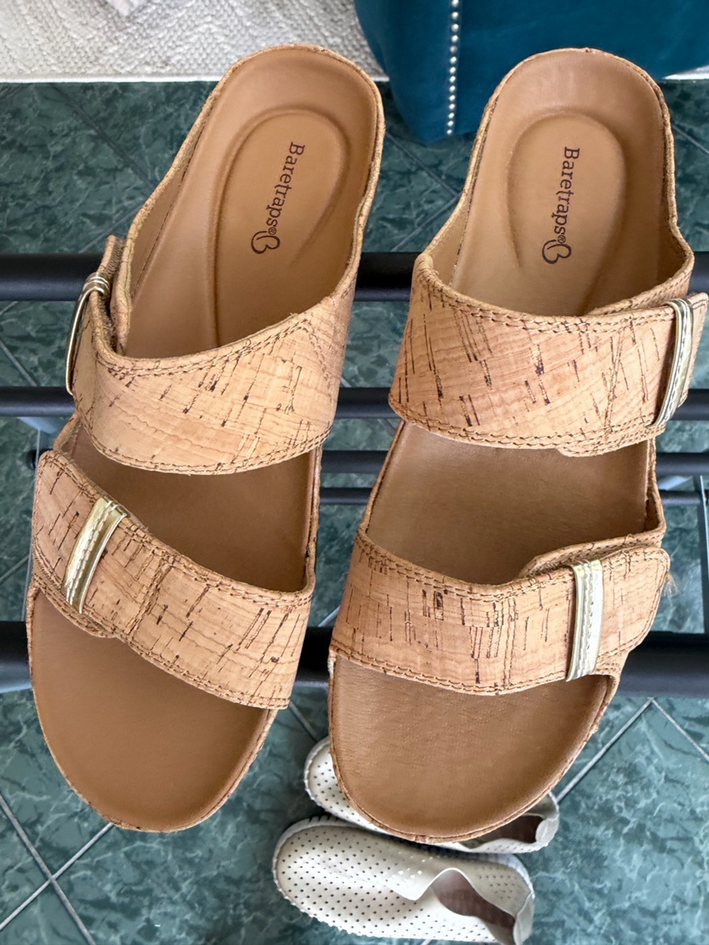 BareTraps Tan Cork-Textured Slide Sandals with Buckle Straps